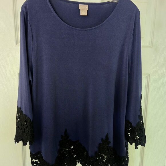 Chico's elegant navy tunic top‎ with lace hem Size 2/L - Picture 1 of 4